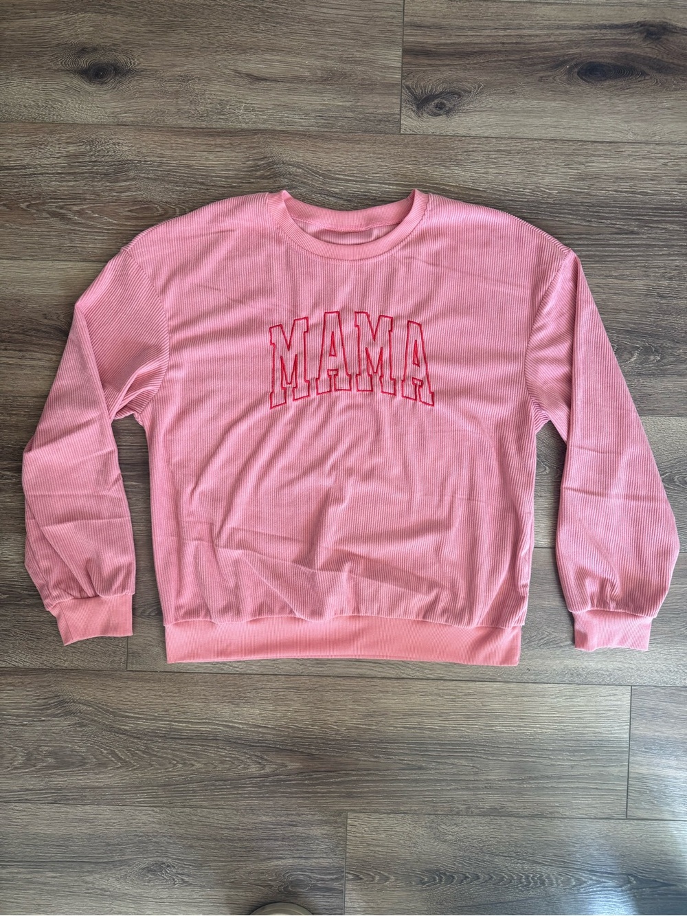 MAMA Corduroy Embroidered Crewneck Pullover Sweatshirt, Pink Red